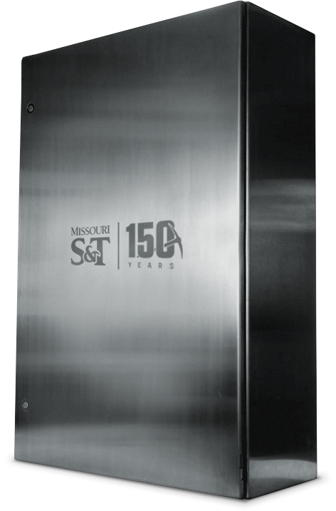 The Missouri S&T 150th Anniversay Time Capsule. A steel box standing vertically.