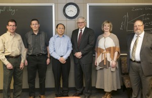 Pictured left to right are Dr. Klaus Woelk, interim chair of chemistry; Dr. Richard Dawes, assistant professor of chemistry; Dr. Yinfa Ma, Curators' Teaching Professor of chemistry; Hank Foley, executive vice president for academic affairs at the UM System; Missouri S&T Chancellor Cheryl B. Schrader; and Dr. Phil Whitefield, interim vice provost for academic affairs.