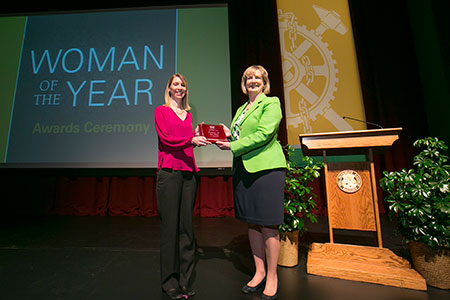 Missouri S&T Chancellor Cheryl B. Schrader, right, presented Dr. Shannon Fogg with the 2014 Woman of the Year Award.