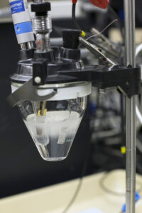 A working cell from Switzer's research, with gas evolution. Photo by Sam O'Keefe, Missouri S&T.
