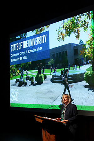 Chancellor Cheryl B. Schrader delivers the fall 2015 State of the University Address