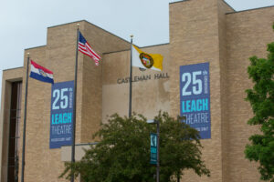 The Leach Theatre light pole banners and environmental graphics with the Miners Dig Deeper branding. Sam O'Keefe/Missouri S&T