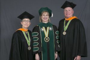 Gail Dolan Hahn (left) and Craig A. Barnes (right) are pictured with Missouri S&T Chancellor Cheryl B. Schrader. 