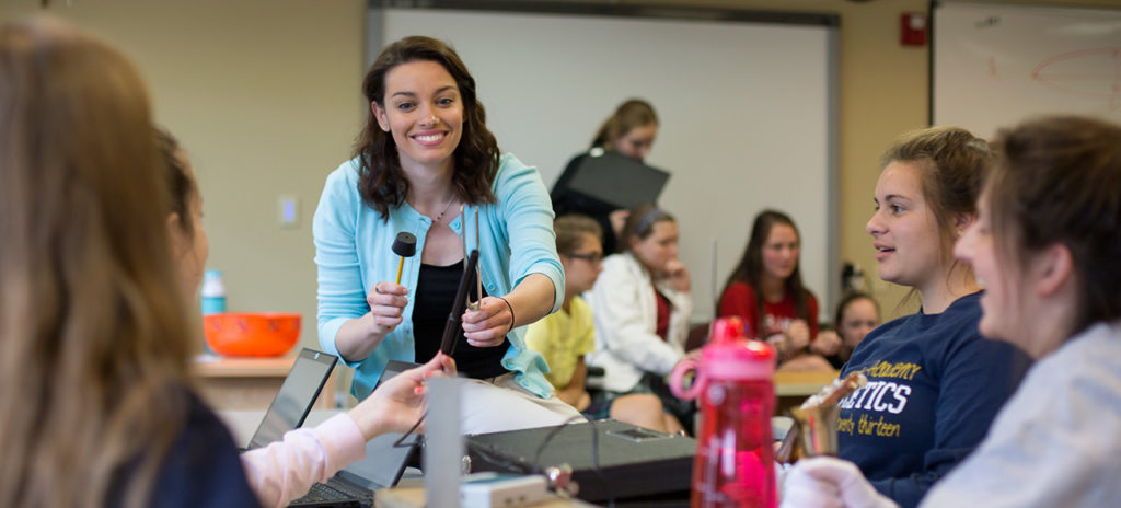 Chelsea Diestelkamp teaches mathematics at Cor Jesu Academy in St. Louis. She shows the application of trigonometry to her students using a variety of hands-on activities to understand frequency and amplitude. Sam O'Keefe/Missouri S&T