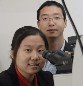 Missouri S&T professors Jie Gao, left, and Xiaodong Yang have developed a way to produce 3-D holographic images by using nanoscale metallic film.