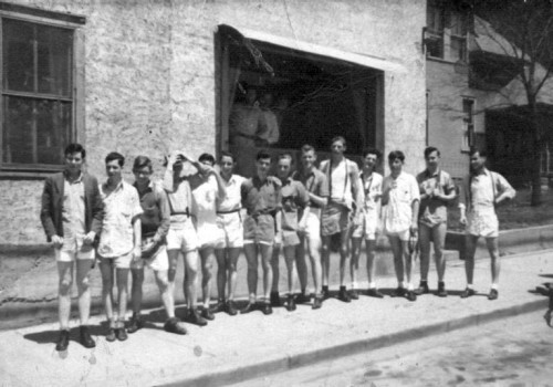 Whiteman poses with some fellow "rambling wrecks from Rolla Tech" outside of a Pine Street establishment in the mid-1930s.