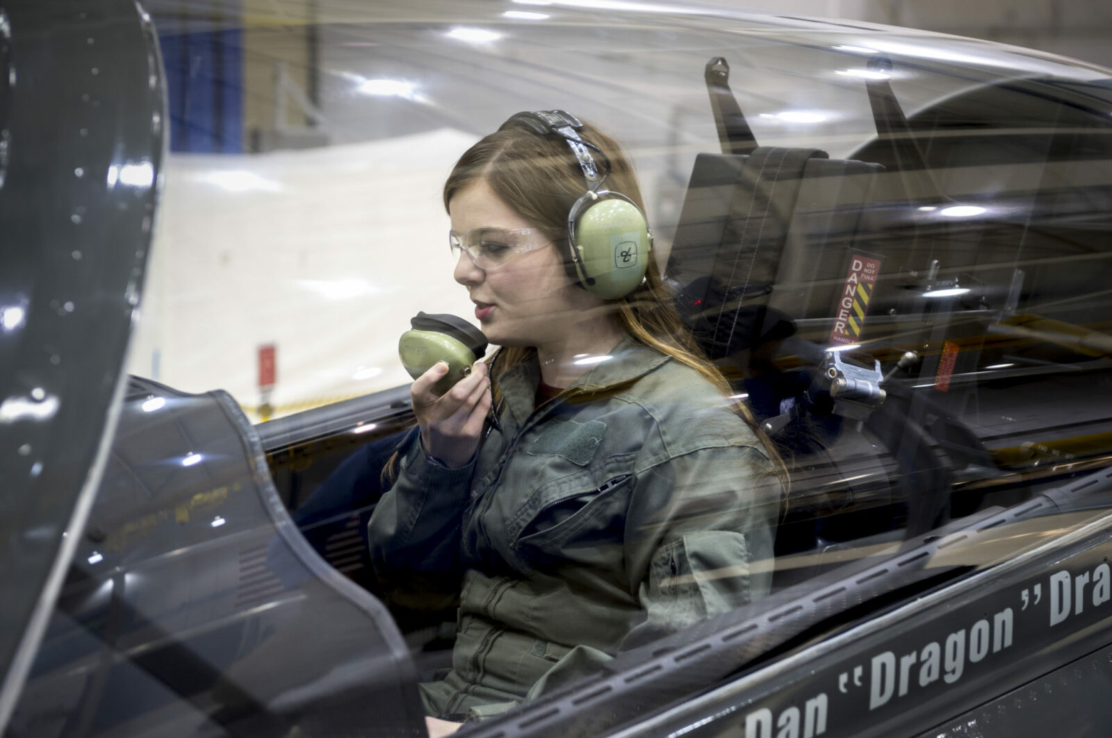 Missouri S&T student Katie Frogge in the cockpit of the Boeing T-X. She was among the first members of the public to view the new jet. Boeing photo.
