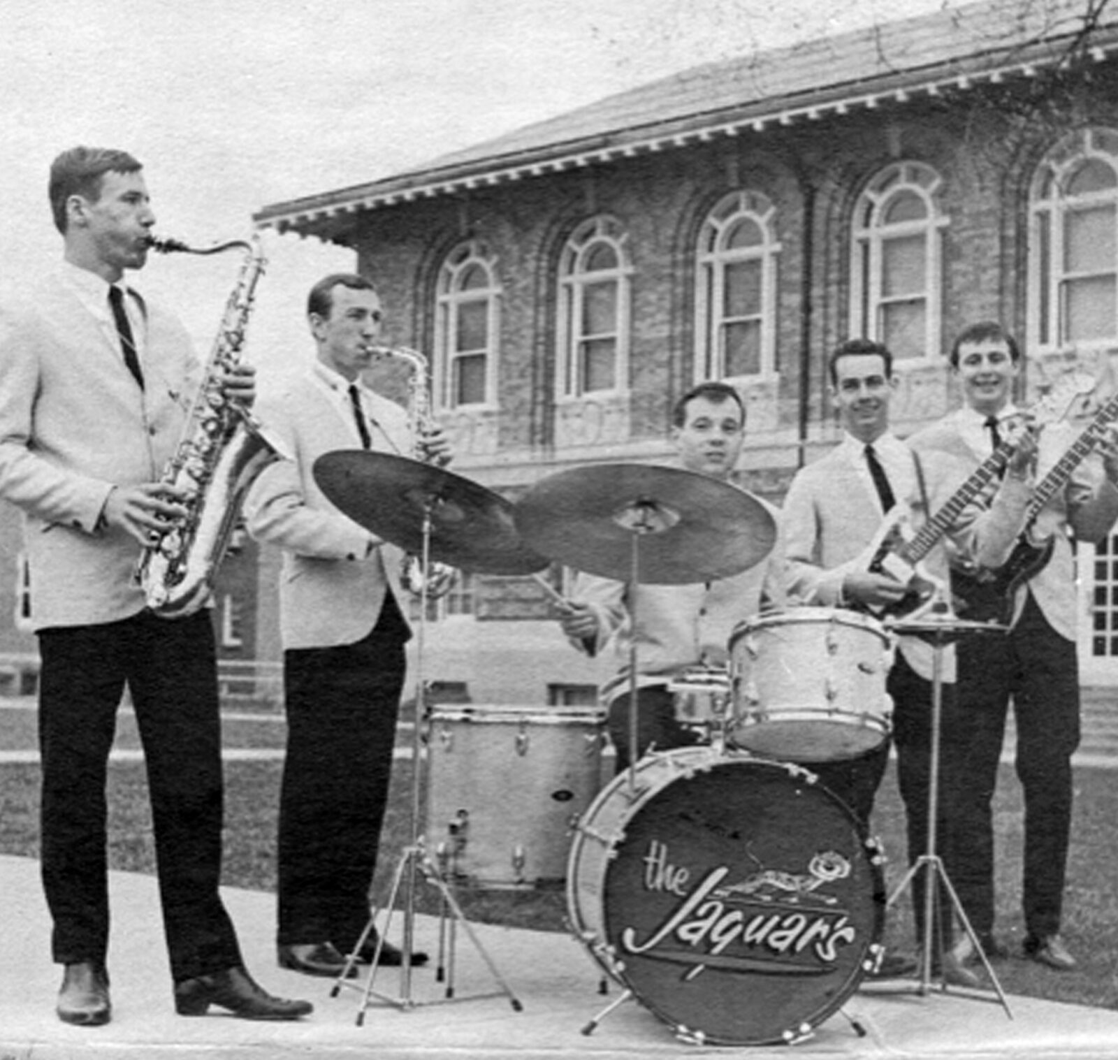 Members of the Jaguars pose in front of Parker Hall in 1965. From left: Bill Meeker, Jim Labit, Jack McAlister, Don Bowman and Don Copeland.