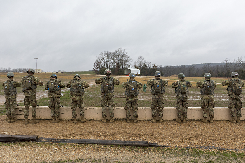 Army recruits at Fort Leonard Wood, Missouri, training in grenade throwing. Exposure to explosions from hand grenades and other ballistics are linked to traumatic brain injury among soldiers. Photo by Tom Wagner/Missouri S&T, ©2019 Missouri S&T;