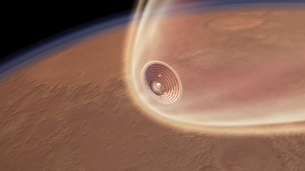 An artist depiction of Hypersonic Inflatable Aerodynamic Decelerator (HIAD) during Mars entry (Image courtesy of NASA)