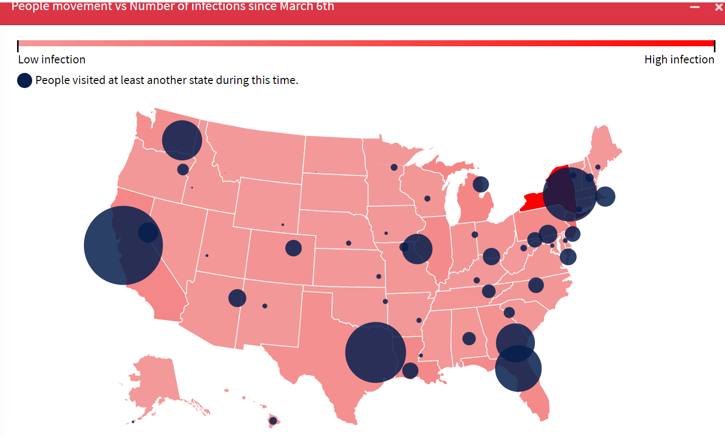 map of U.S. showing areas where people have visited more than one state, starting March 6 during coronavirus outbreak