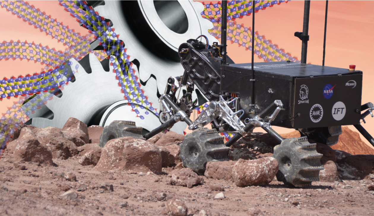 Photo illustration of a Mars rover designed by Missouri S&T students depicting the idea of MXene superlubric sheets applied to the machine’s moving parts to reduce friction and wear. Image credit: Shuohan Huang/Missouri S&T