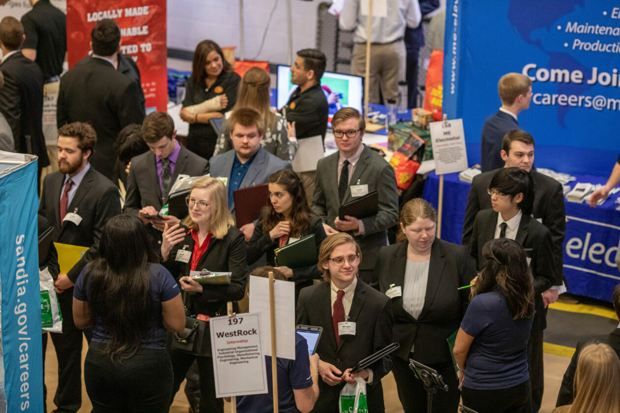 Missouri S&T students are highly sought after by employers from around the world. At the spring 2020 Career Fair (pictured), more than 250 companies signed up to recruit students for full-time jobs, internships or co-op positions. Photo by Tom Wagner/Missouri S&T