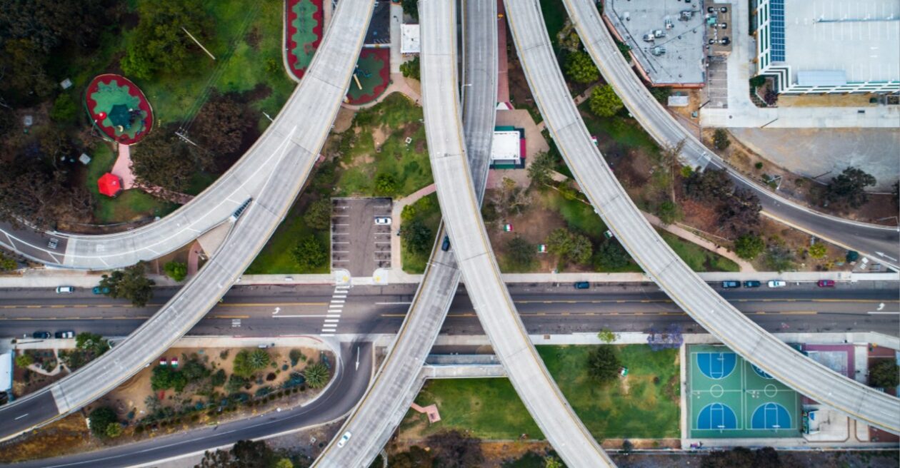 An aerial photo of highway overpasses