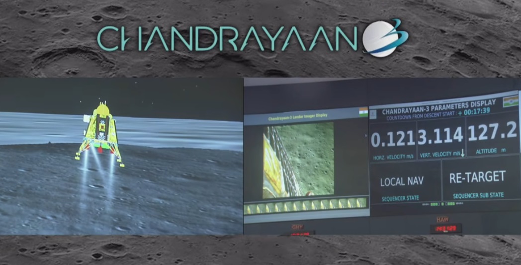 This screenshot of a livestream provided by the Indian Space Research Organization shows the Vikram lunar lander descending to the moon.