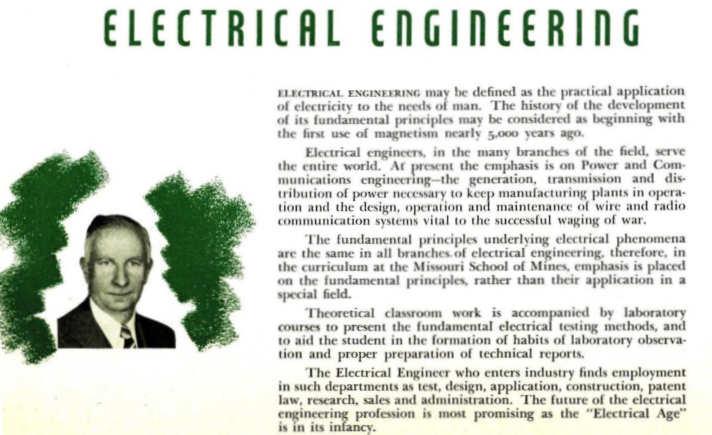 Dr. Floyd H. Frame was Missouri S&T’s founding chair of electrical engineering, serving in the role from 1924-1948. He is pictured here in the university’s 1944 Rollamo yearbook. Photo courtesy of Scholars’ Mine.