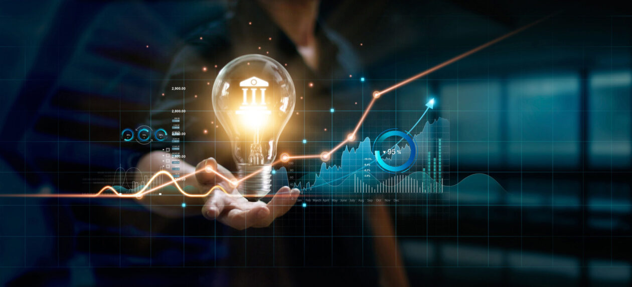 Graphic illustration with hand holding lightbulb and financial charts and graphs