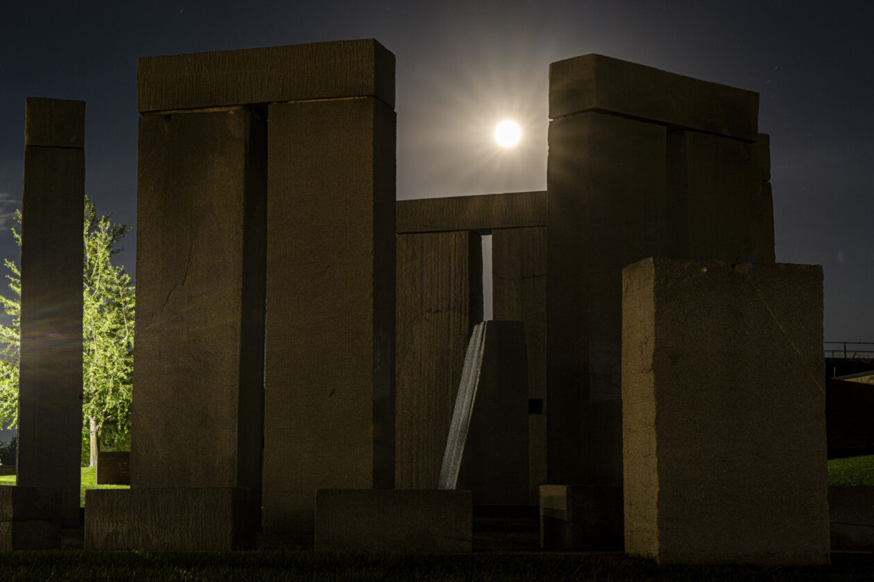 A full moon rises over Missouri S&T’s Stonehenge. Photo by Michael Pierce/Missouri S&T.