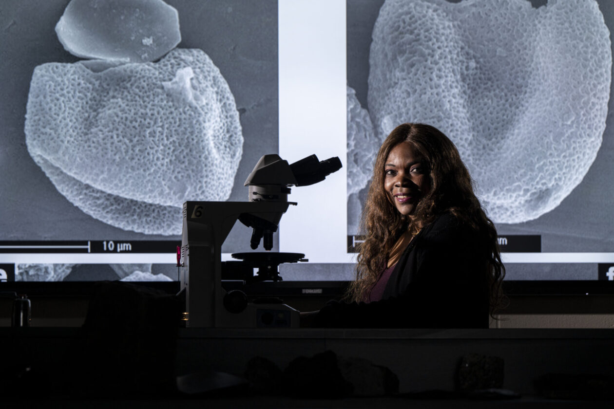 Dr. Francisca Oboh-Ikuenobe examines Batiacasphaera obohikuenobeae. Photo by Michael Pierce/Missouri S&T.