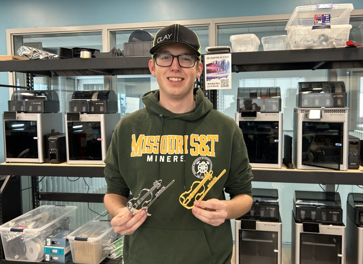 Clay Bernhard, a junior in aerospace engineering and Makers Studio shop supervisor, created a 3D printed miniature violin that will be handed out at Joshua Bell’s event as part of the Remmers Lecturer Series.