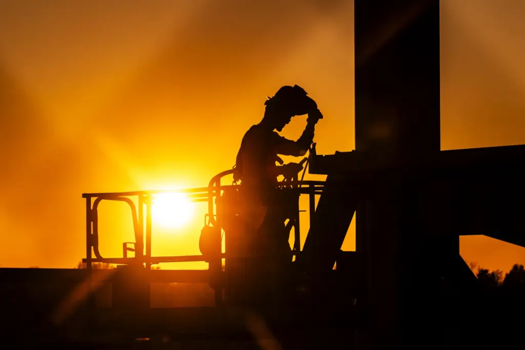 Profile of construction worker wearing welder's mask against backdrop of sunset