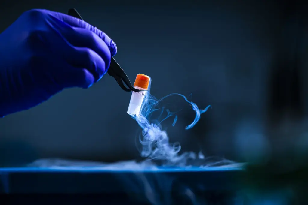 Gloved hand with vial of liquid nitrogen in chemistry lab