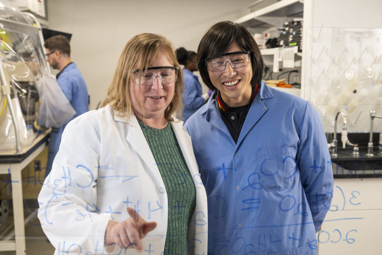 Shelley D. Minteer (left) and Huaijun Guan, a Ph.D. candidate in chemistry.