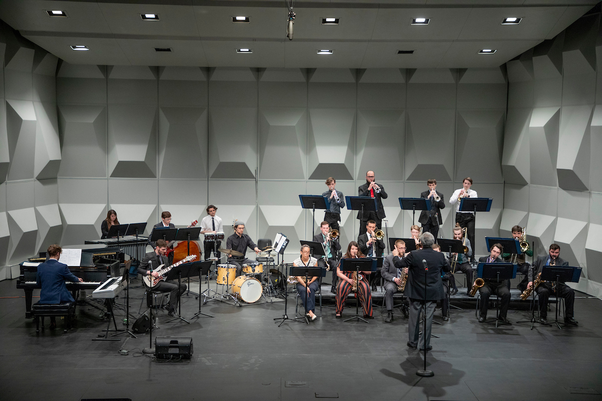 Student musicians on the Leach Theater stage during a jazz concert.