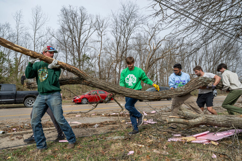 Students remove fallen tree.